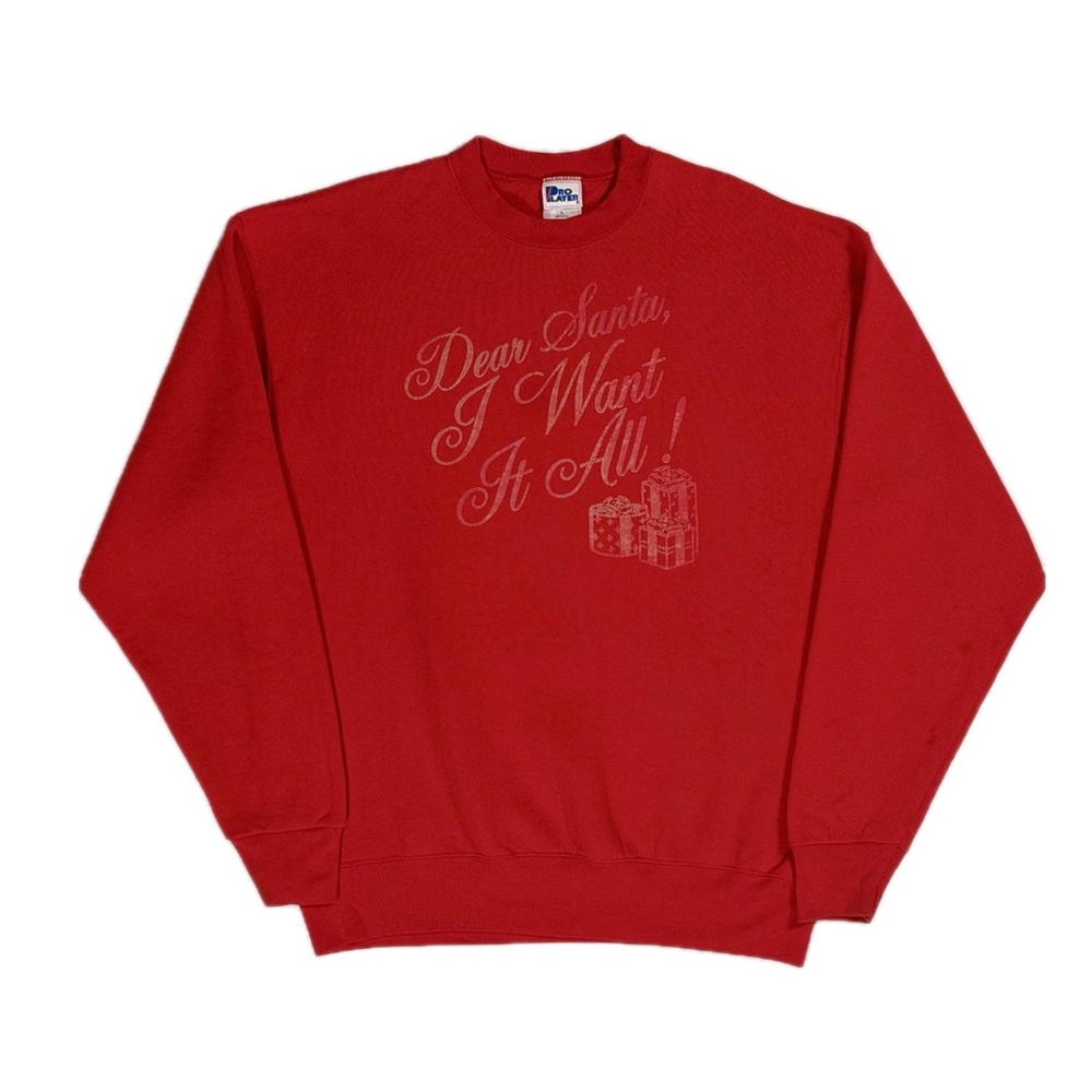 Vtg 90s Pro Player red Santa I Want it All Christmas crewneck sweatshirt mens XL